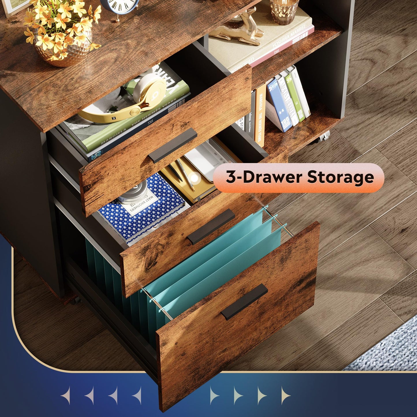 3 Drawer Mobile File Cabinet, Wood Lateral Filing Cabinet