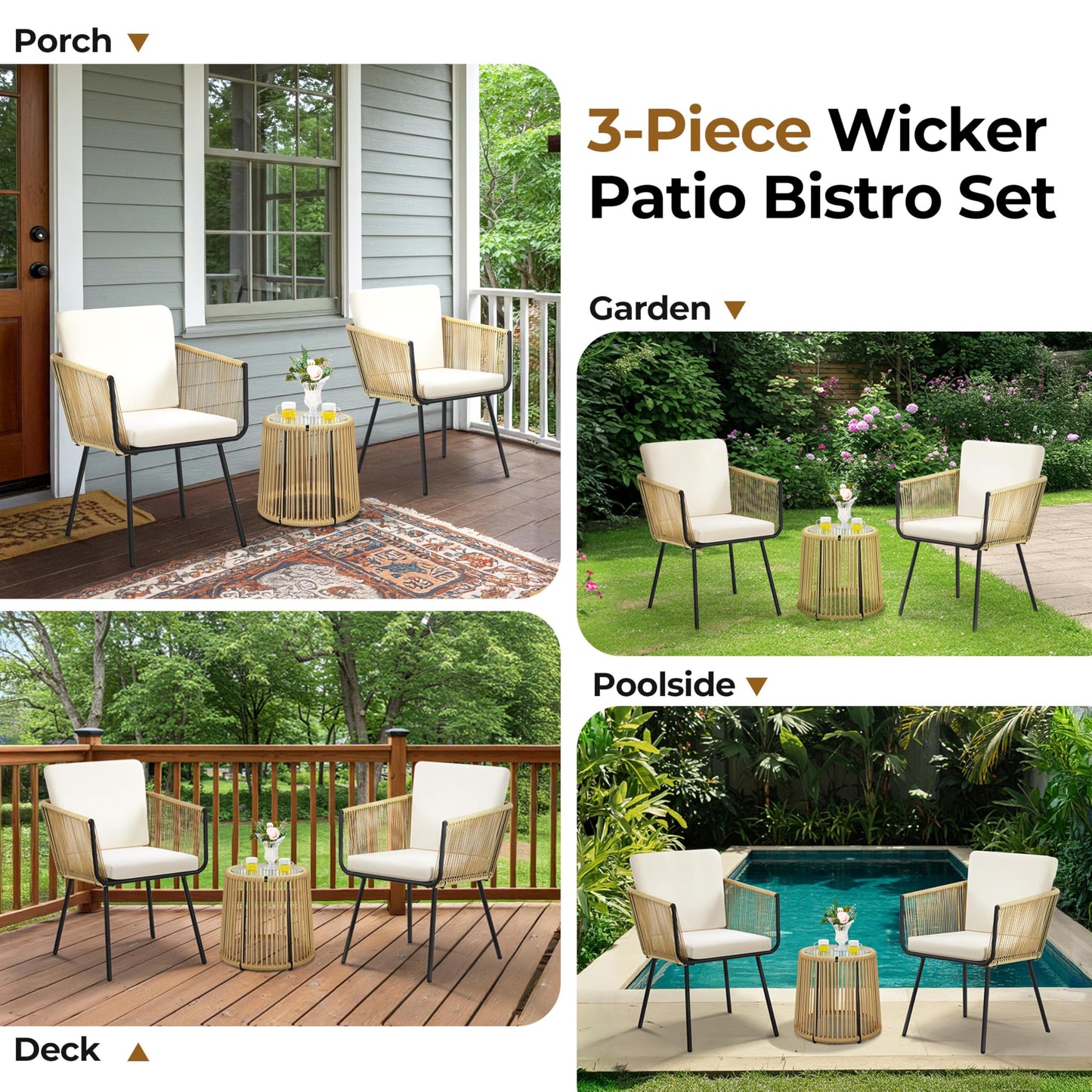 3 Piece Patio Rattan Bistro Set