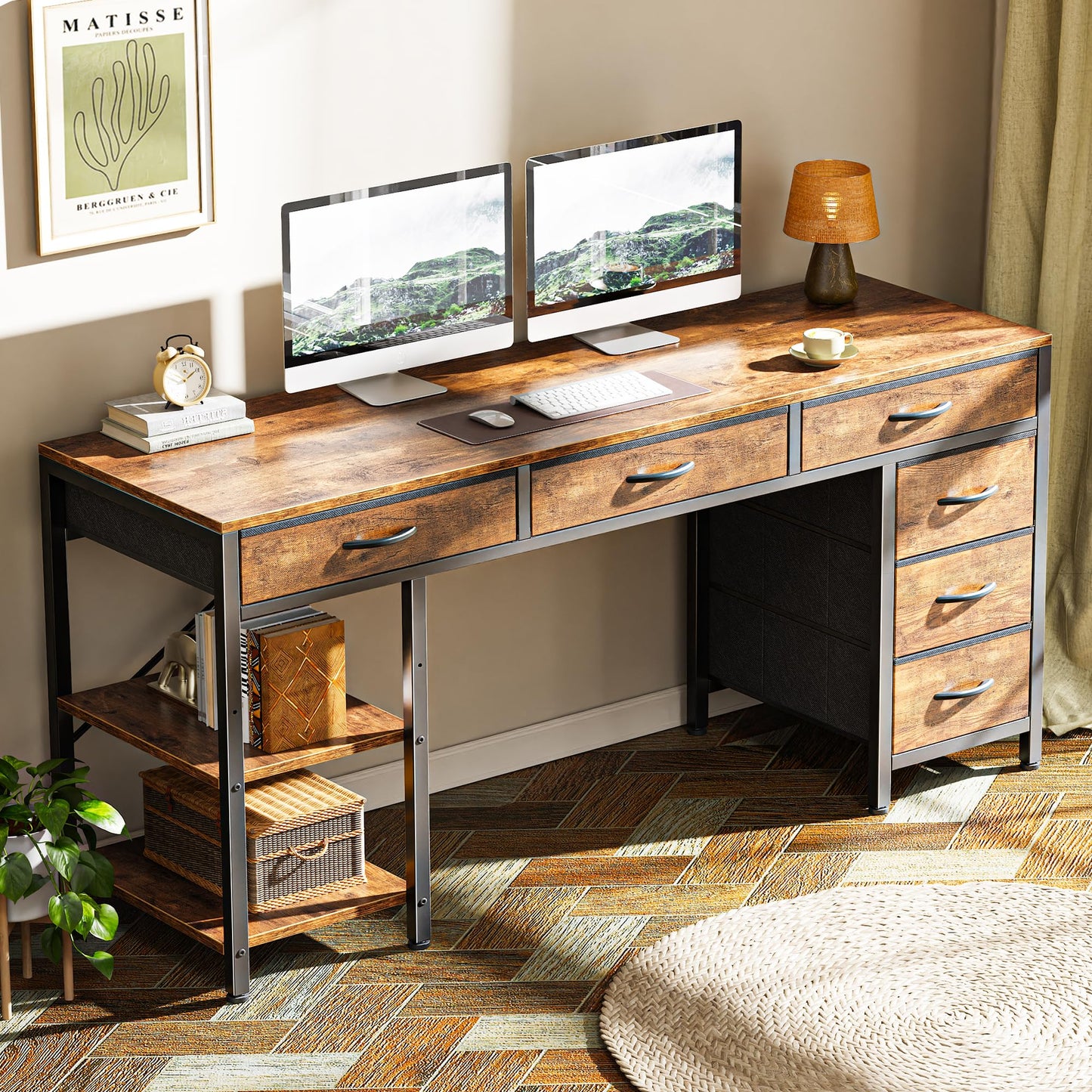 Rustic Brown - 54 Inch Office Desk with 6 Drawers