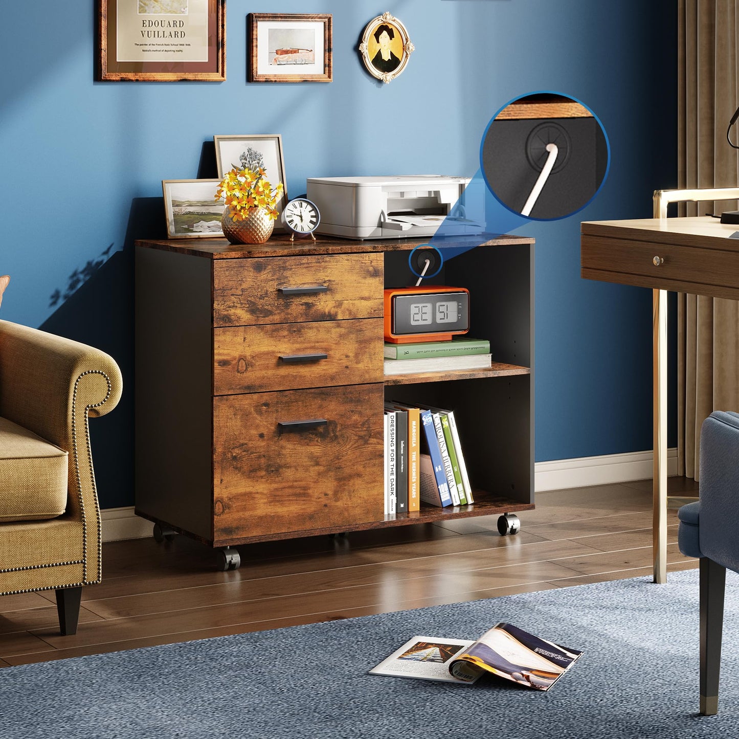3 Drawer Mobile File Cabinet, Wood Lateral Filing Cabinet