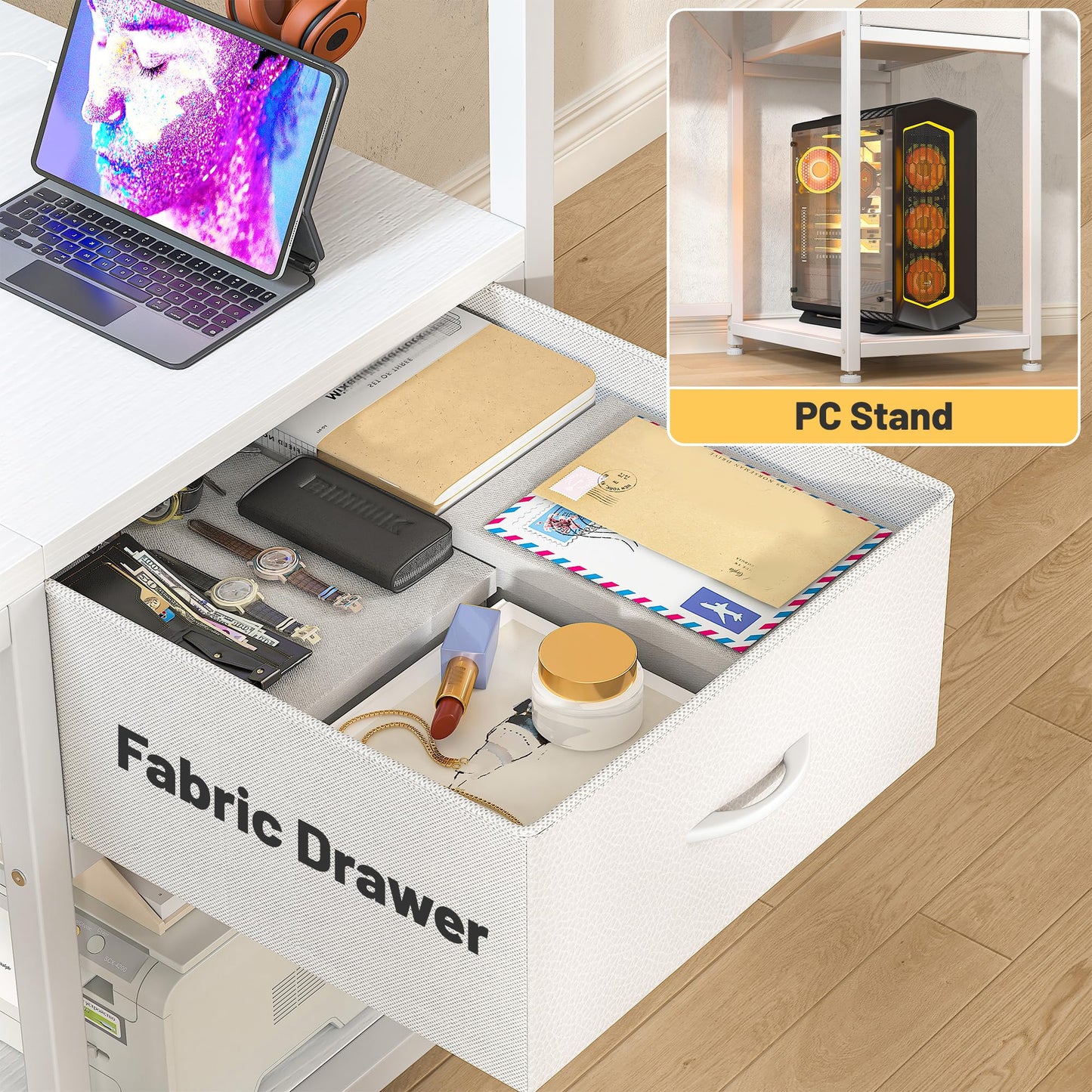 White Computer Desk with Drawers and Shelves