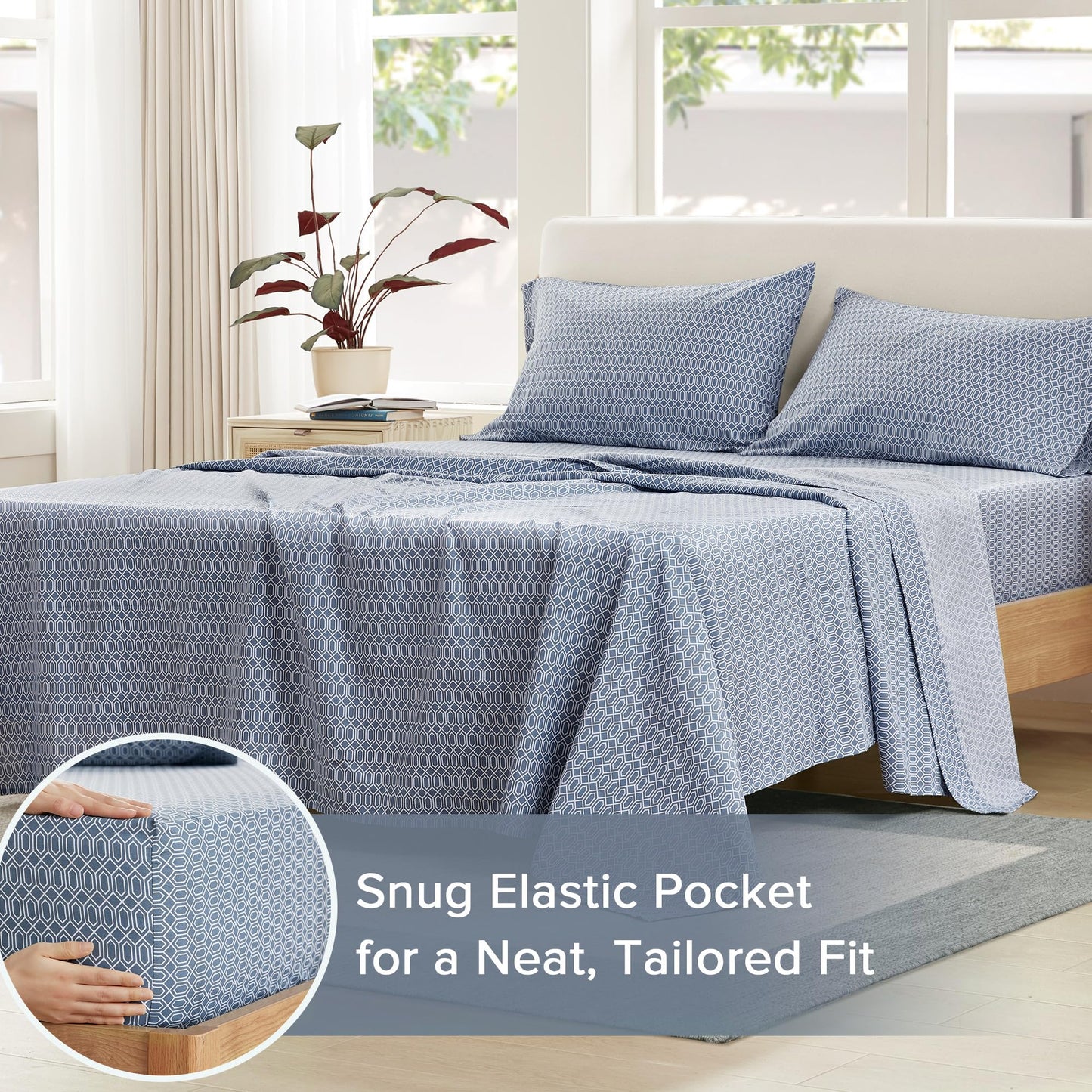 Comfort Spaces 100% Cotton Sheets Twin XL, Breathable, Naturally Cool Cotton Sheets, Soft Cotton Bed Sheets with 14" Elastic Pocket Fits up to 16" Mattress, All Seasons Sheet Set, Diamond Blue 3 Piece