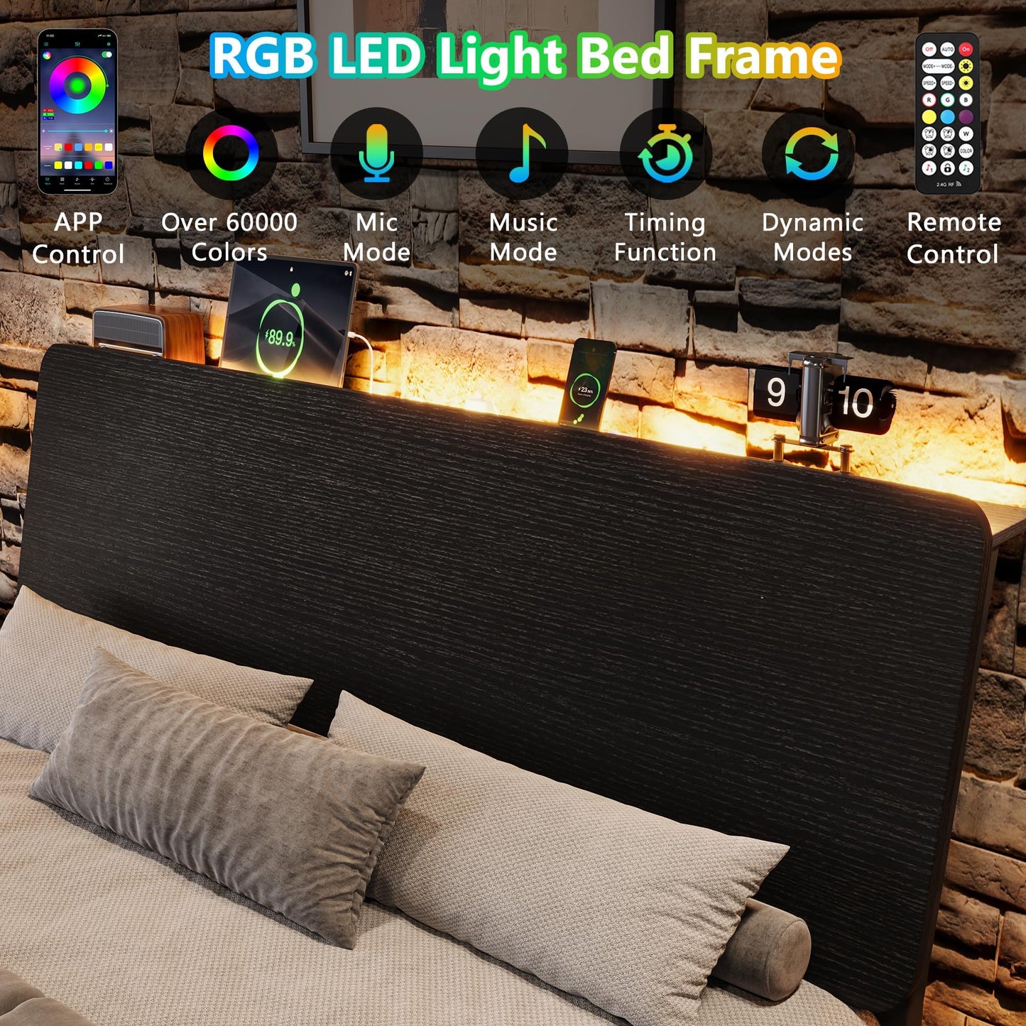 Queen Bed Frame with Ergonomic Storage Headboard