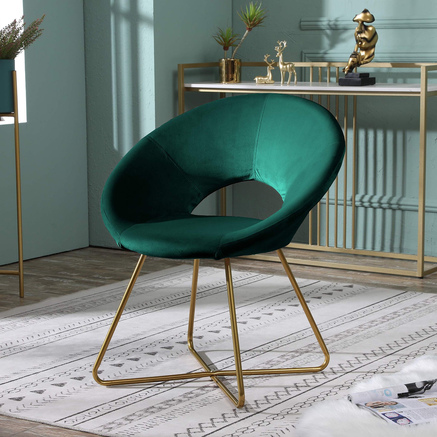 Velvet Upholstered Accent Chair with Gold Tone Finished Base