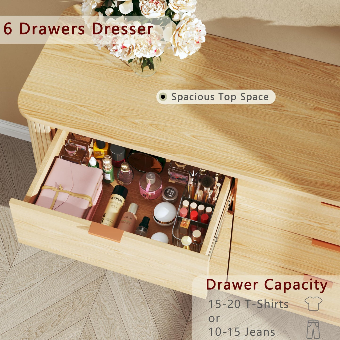 Fluted 6 Drawers Dresser for Bedroom - Curved Profile Design