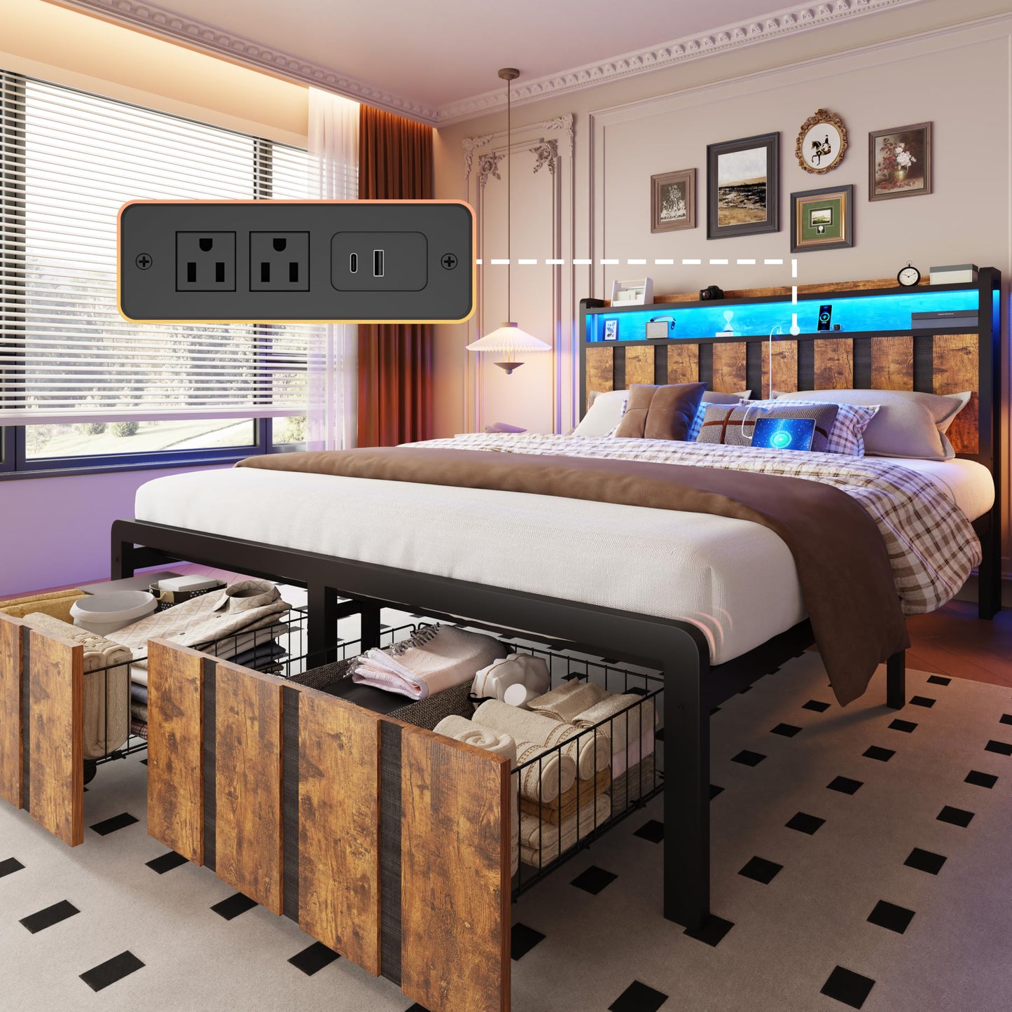 Bed Frame with Storage Headboard & Dual Built-in Storage Drawers