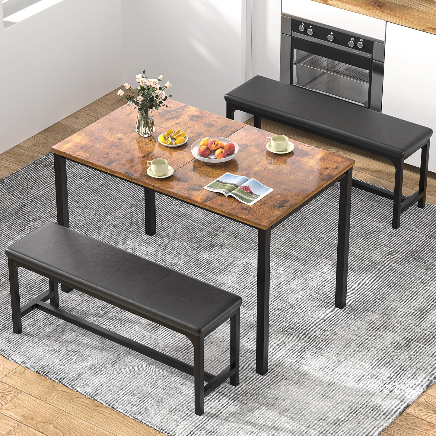 63" Extendable Kitchen Table with Benches/Chairs