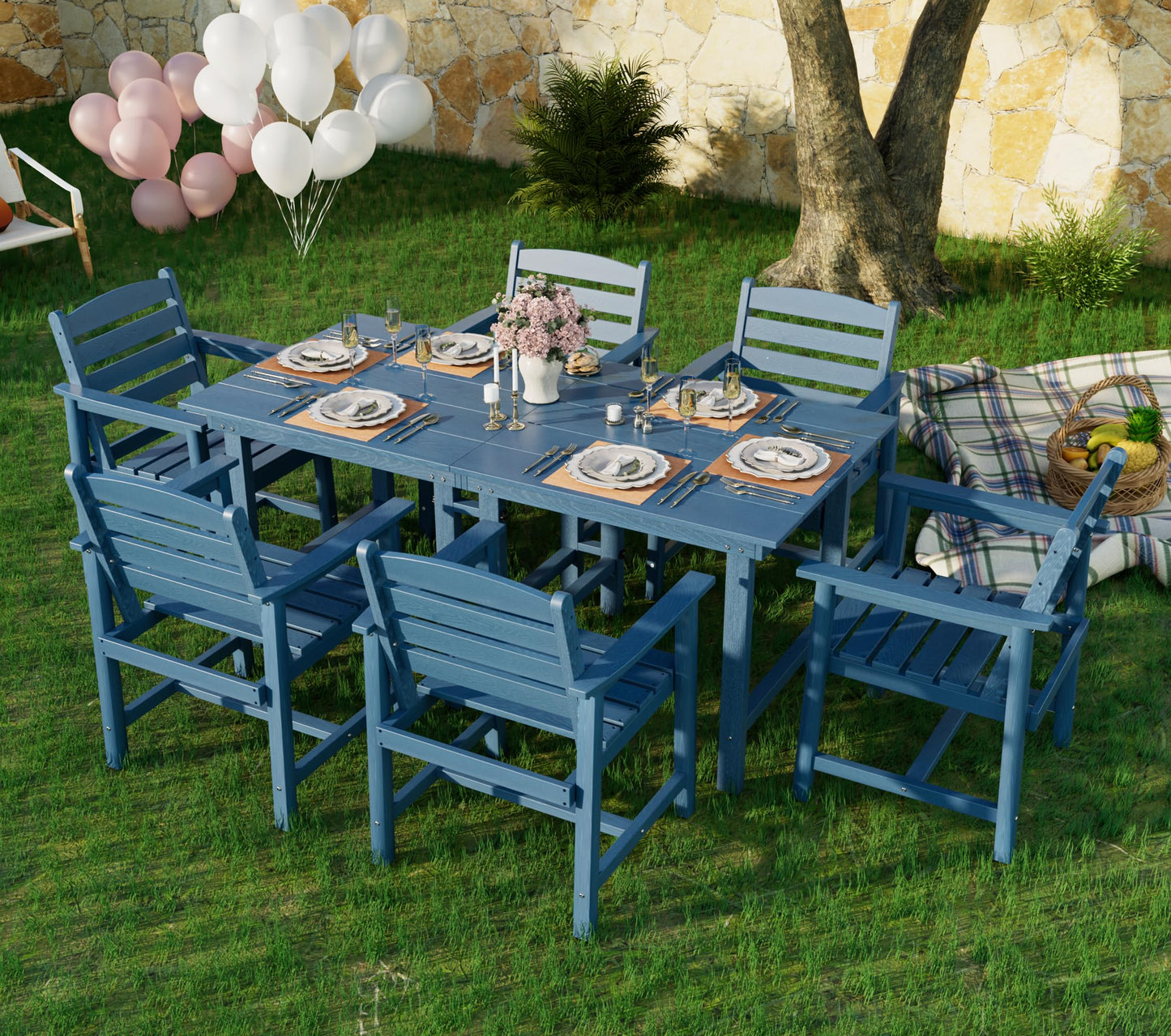 7-Piece Outdoor Dining Table Sets - 2 in 1 Convertible Table