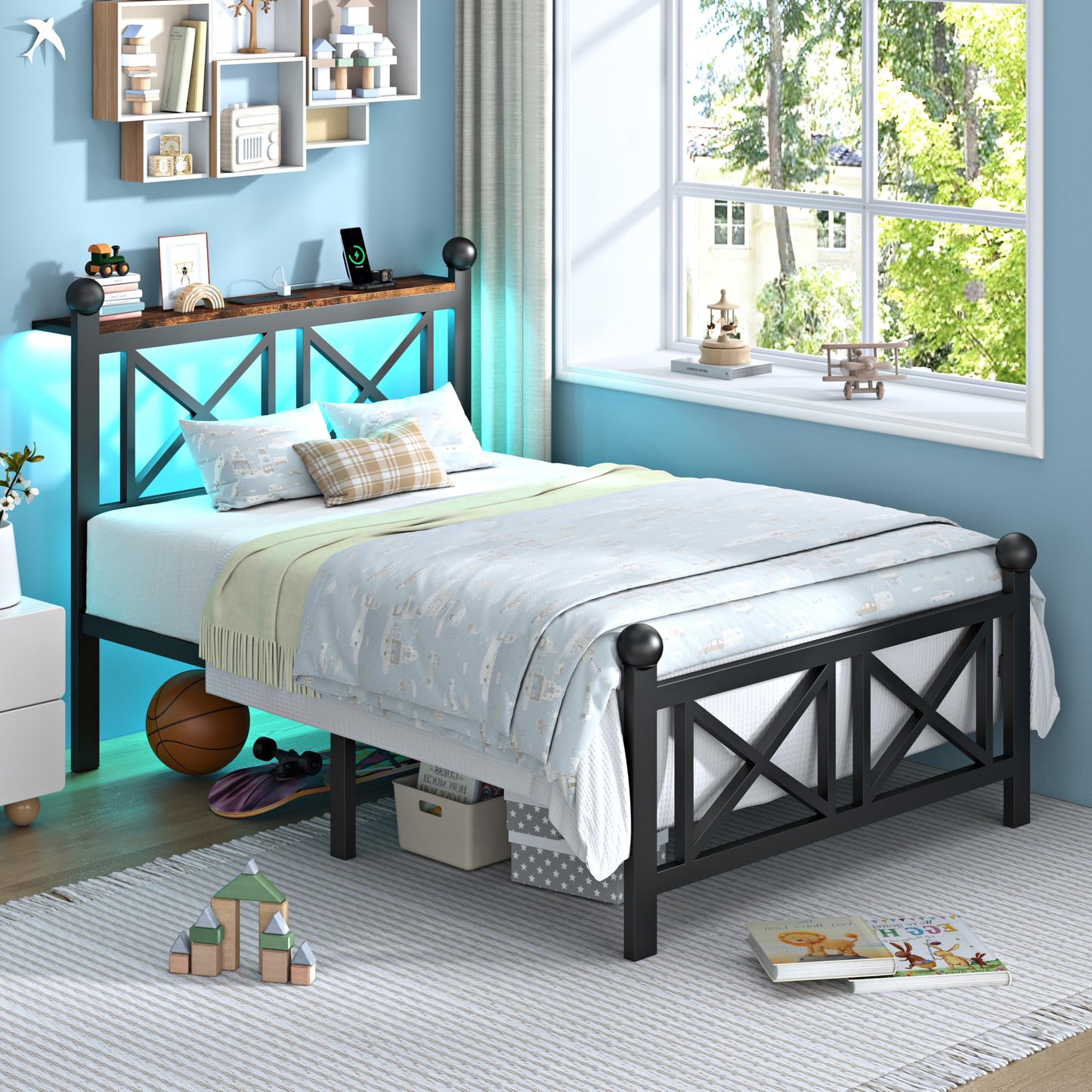 Twin Size Bed Frame with Charging Station