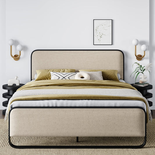 Metal Bed Frame with Curved Upholstered Headboard and Footboard
