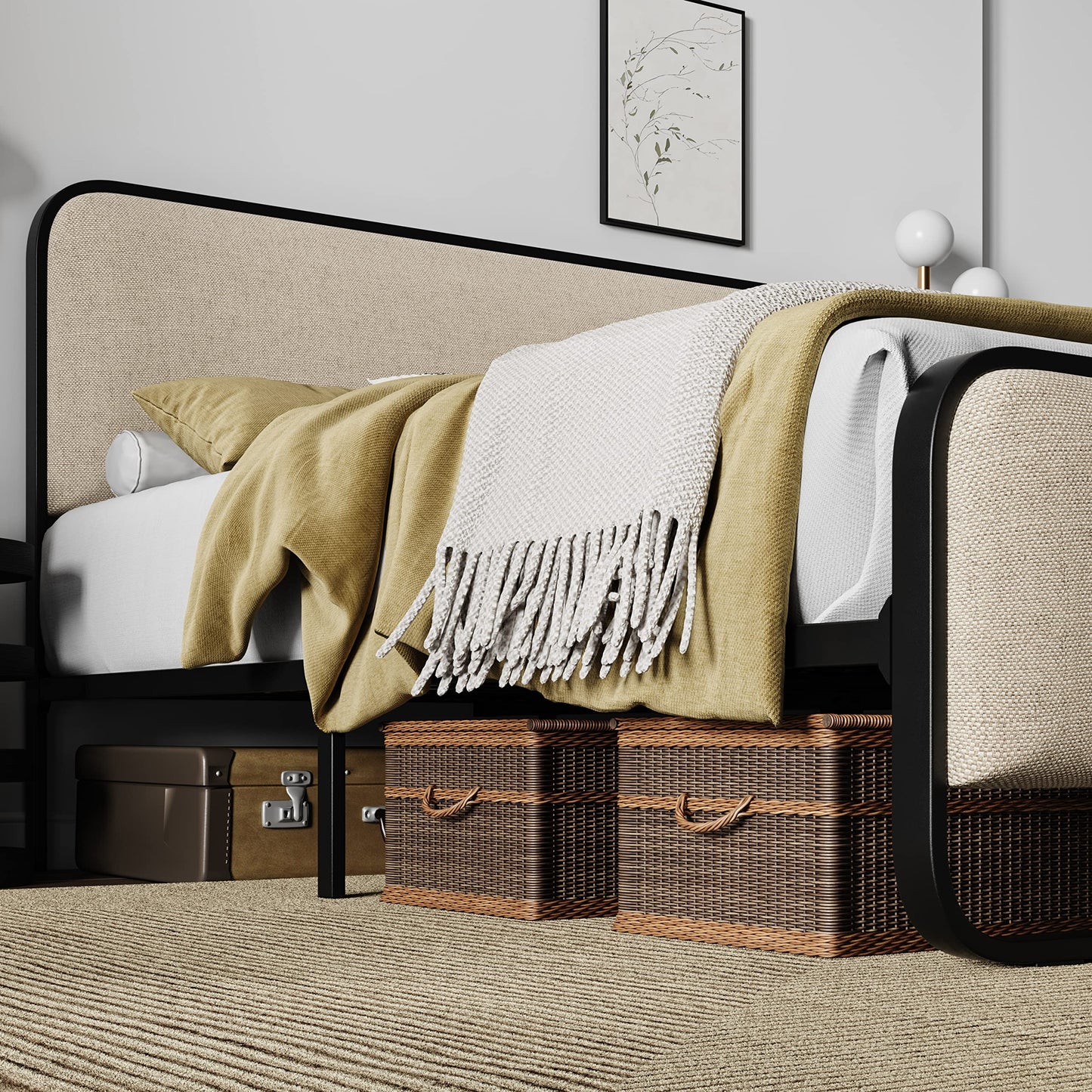 Metal Bed Frame with Curved Upholstered Headboard and Footboard