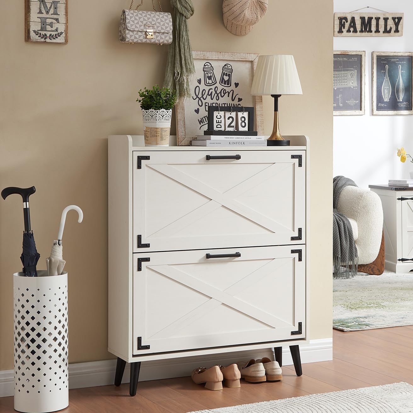 Barn Door Farmhouse Shoe Organizer with 2 Flip Drawers