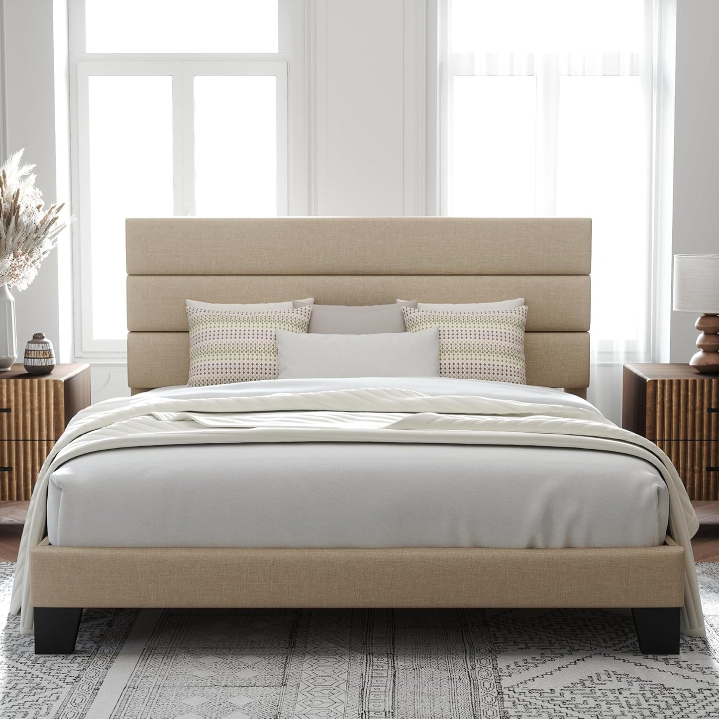King Size Platform Bed Frame with Velvet Upholstered Headboard