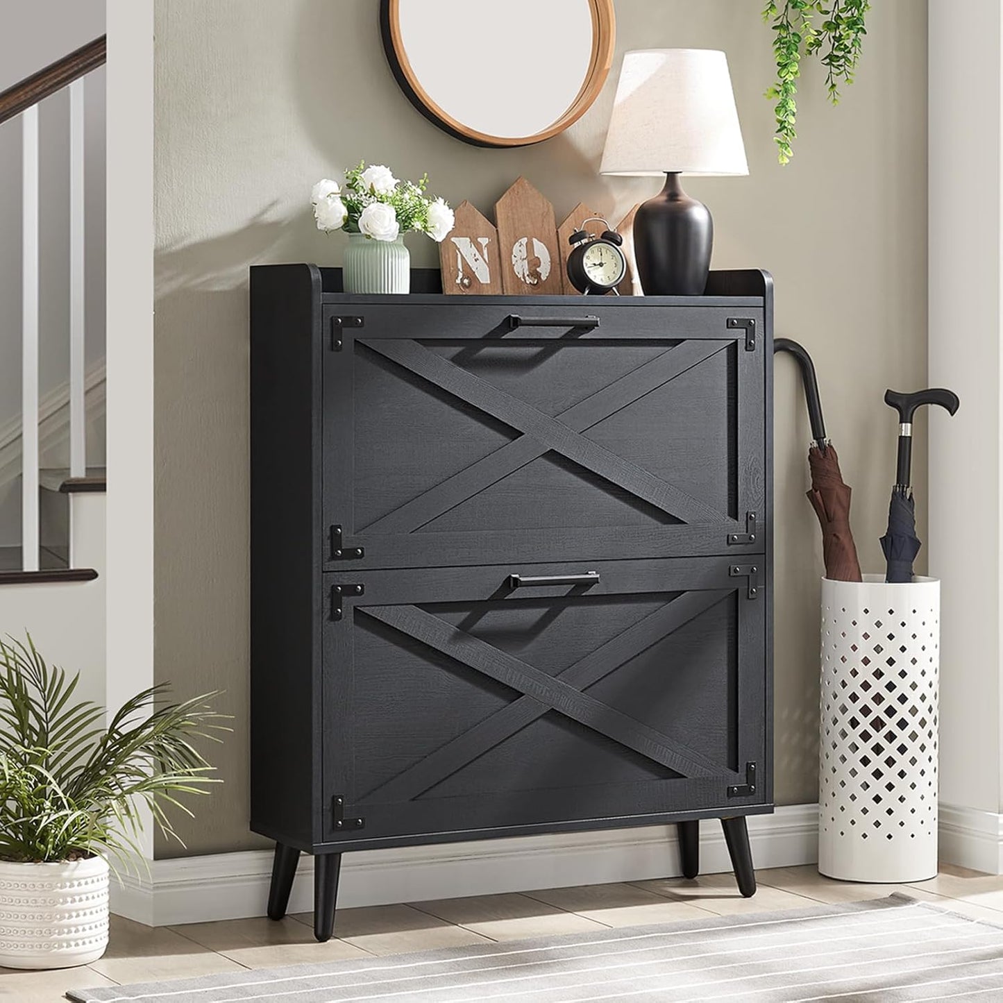 Barn Door Farmhouse Shoe Organizer with 2 Flip Drawers