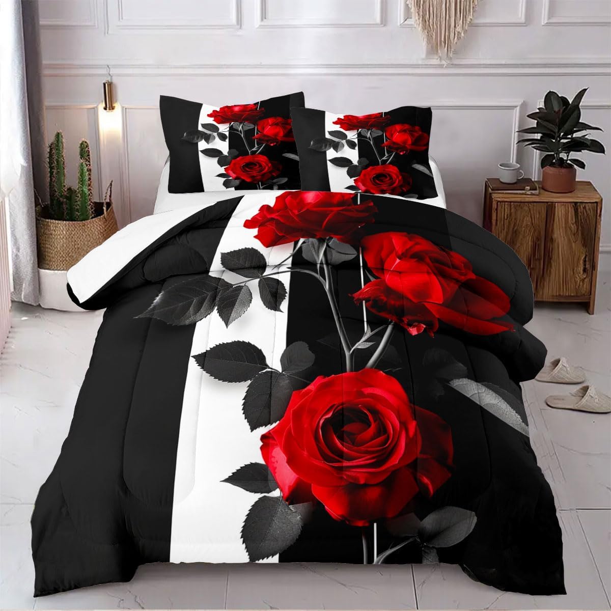 Red Black Geometric Comforter Set Queen Size 3D Stereoscopic