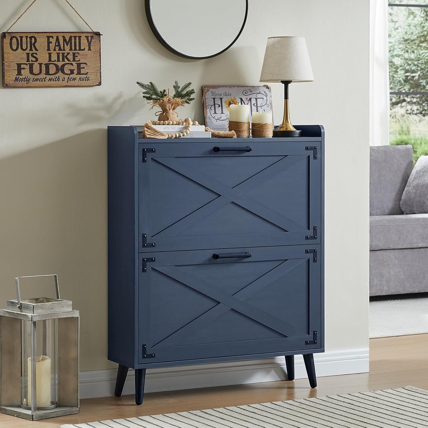 Barn Door Farmhouse Shoe Organizer with 2 Flip Drawers