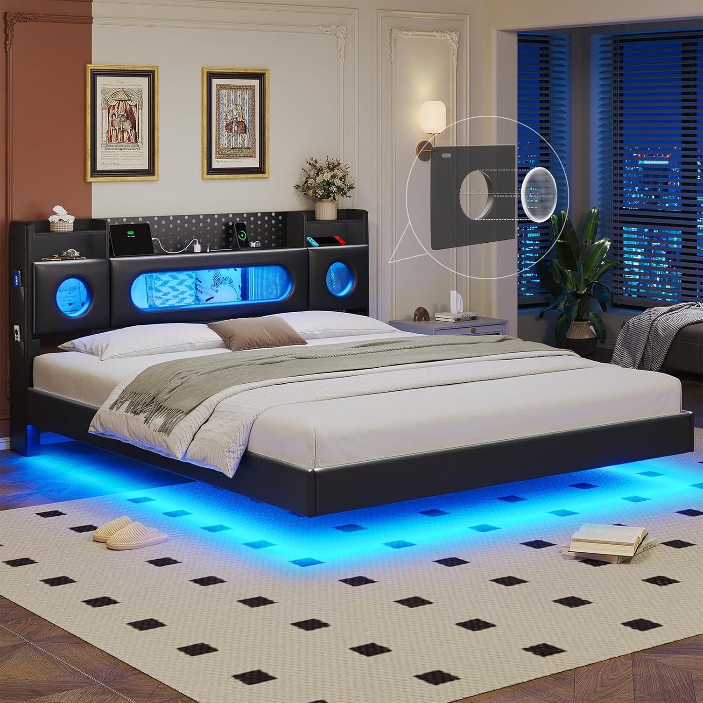 Floating Bed Frame Queen Size with Hidden Storage Headboard
