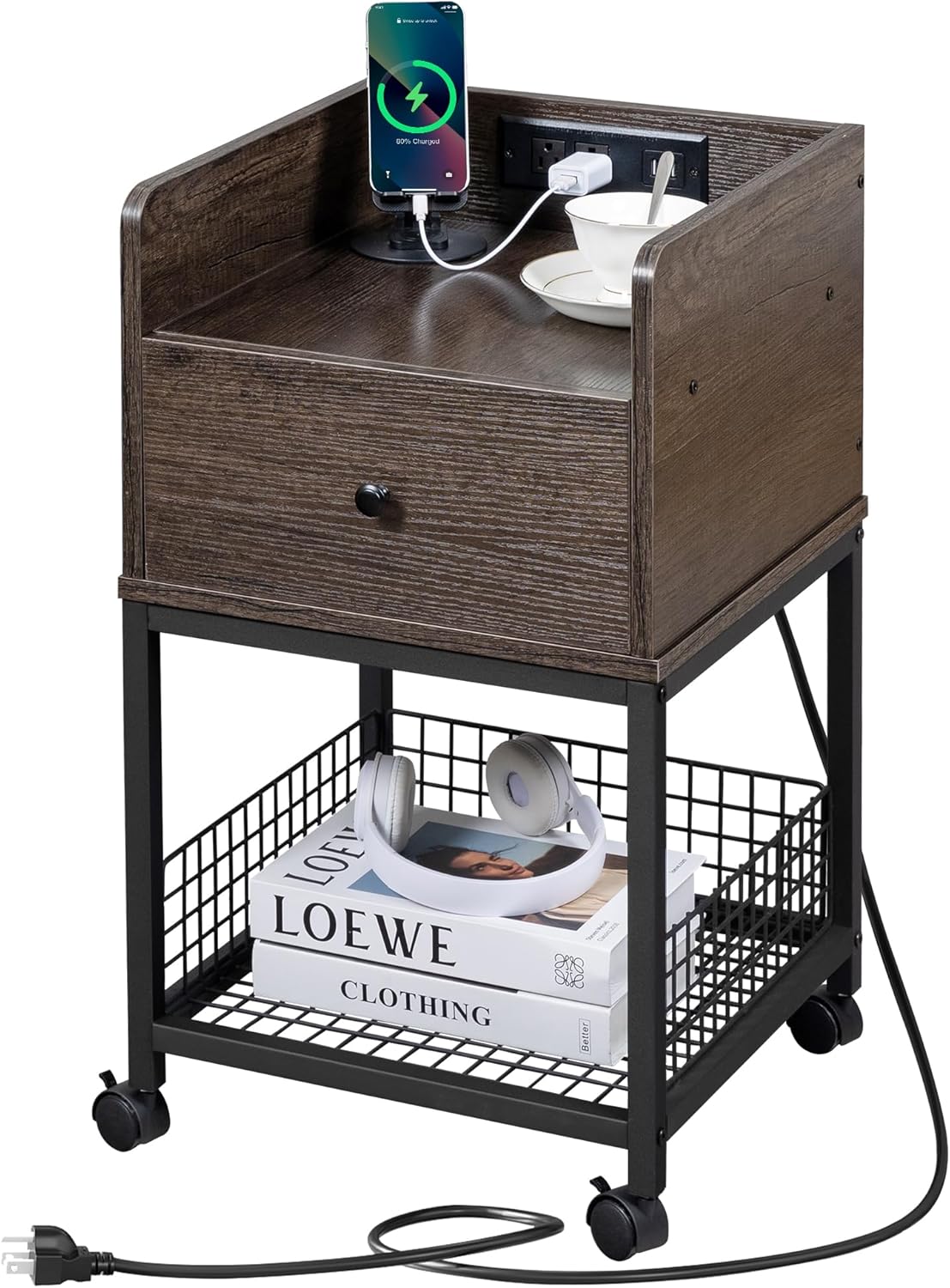 Nightstand with Charging Station, Bedside Table