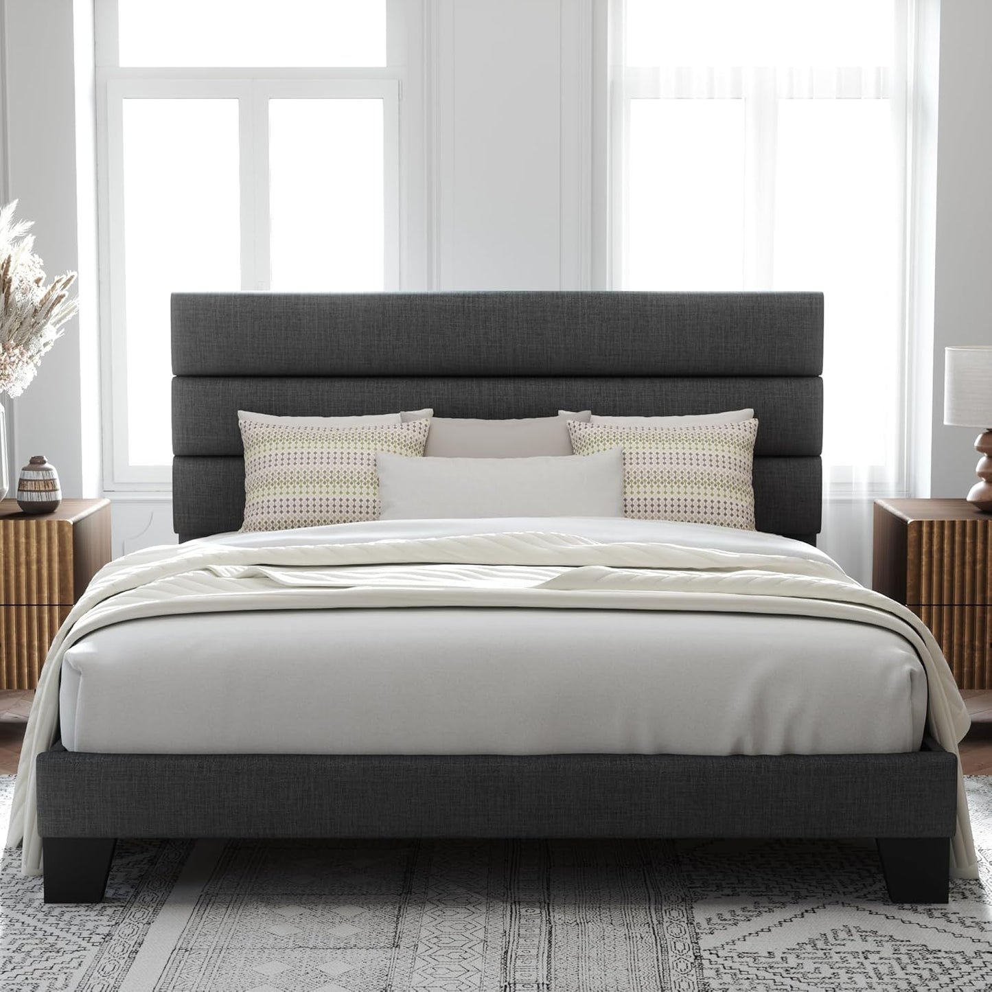 King Size Platform Bed Frame with Velvet Upholstered Headboard