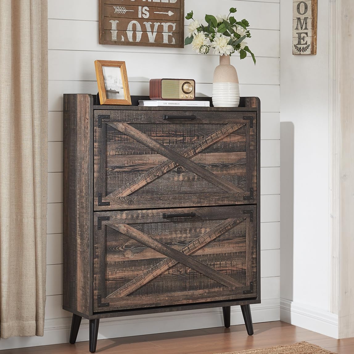 Barn Door Farmhouse Shoe Organizer with 2 Flip Drawers