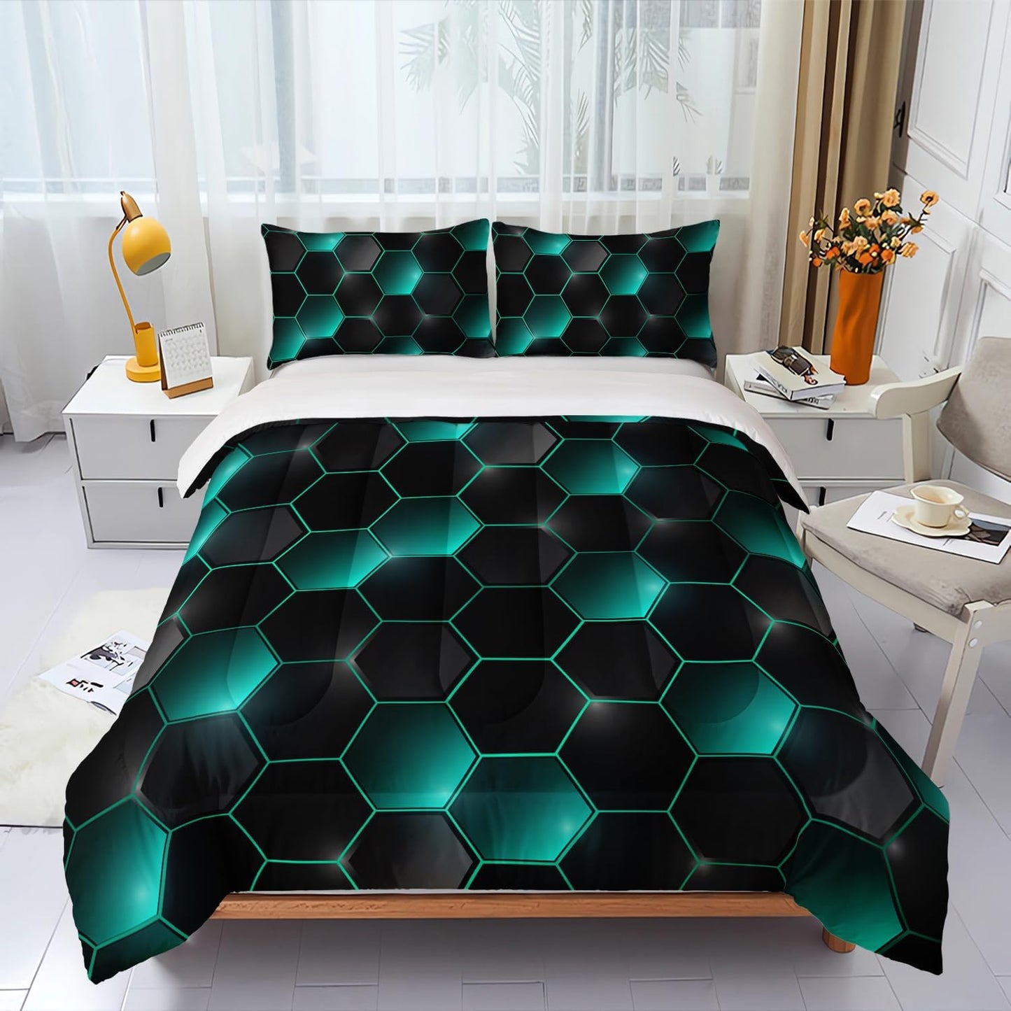 Blue Black Comforter Set,Light Honeycomb 3 Piece