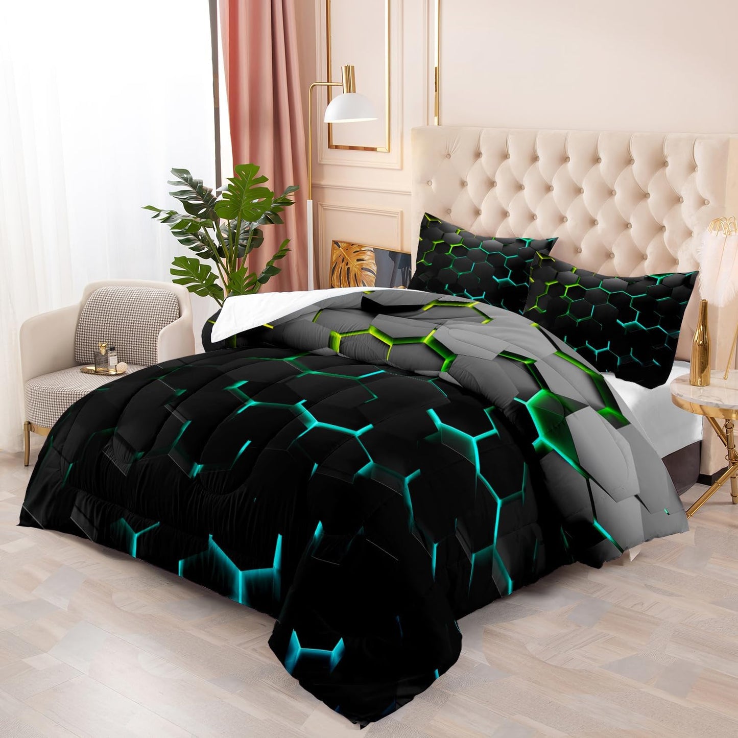 Blue Black Comforter Set,Light Honeycomb 3 Piece