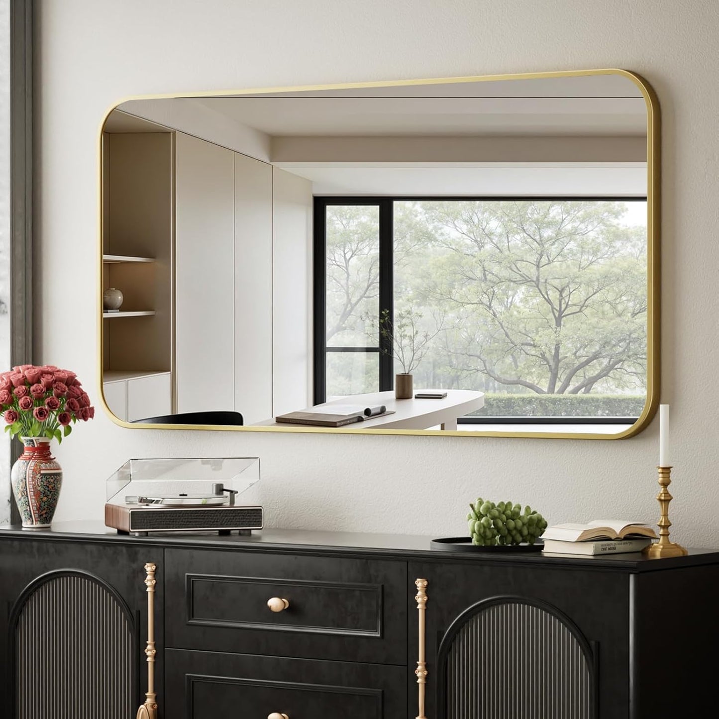Aluminum Alloy Frame Wall Mounted Mirror with Rounded Corners