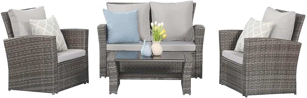 4 Piece Outdoor Patio Furniture Sets, Wicker Conversation Set for Porch Deck