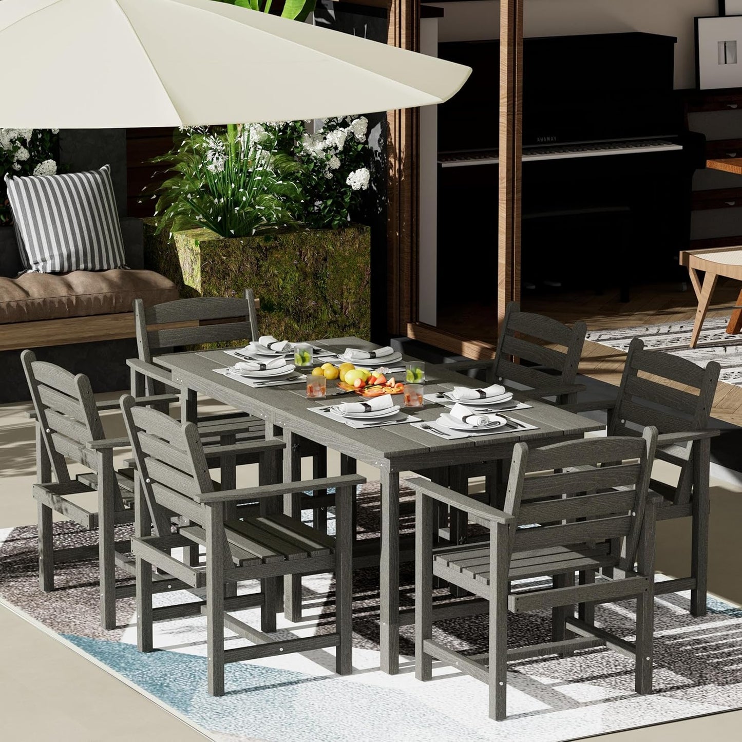 7-Piece Outdoor Dining Table Sets - 2 in 1 Convertible Table