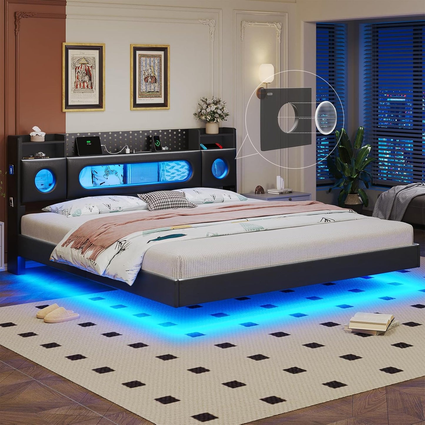 Floating Bed Frame Queen Size with Hidden Storage Headboard