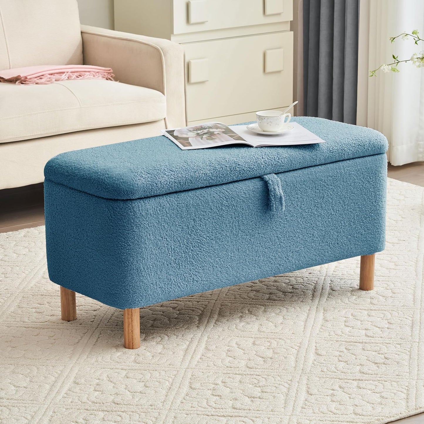 Boucle Upholstered Padded Storage Bench