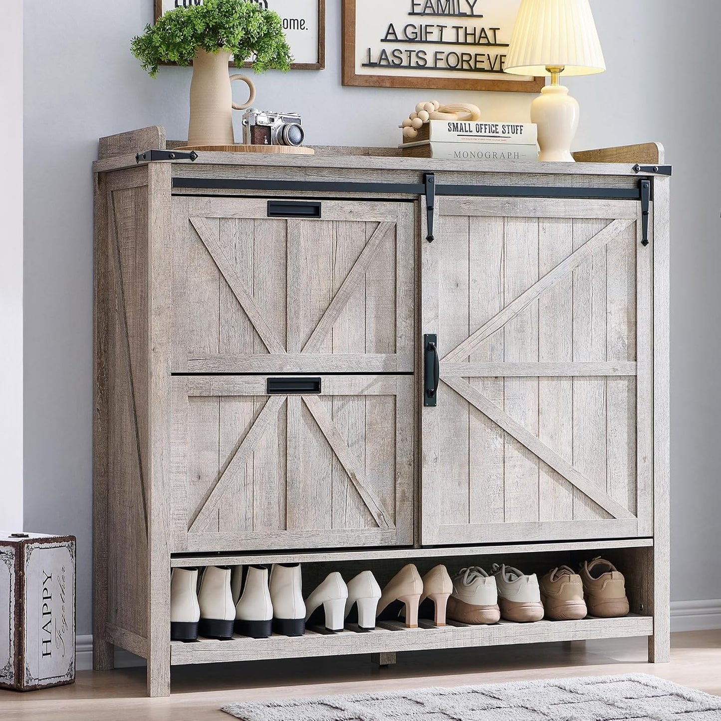 Shoe Storage Cabinet with 2 Flip Drawers & Sliding Door