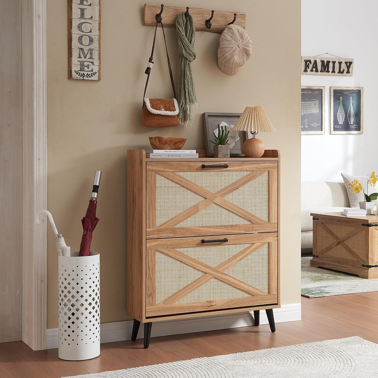 Barn Door Farmhouse Shoe Organizer with 2 Flip Drawers