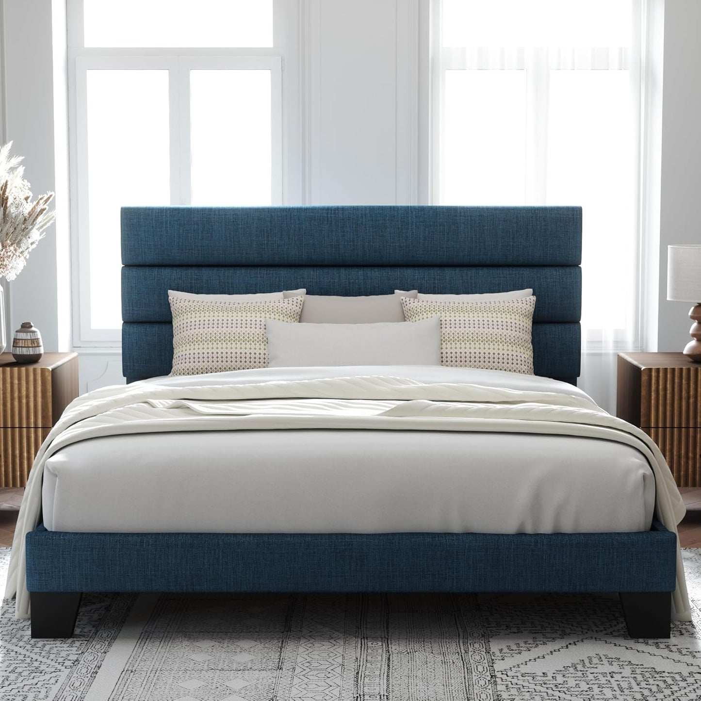 King Size Platform Bed Frame with Velvet Upholstered Headboard