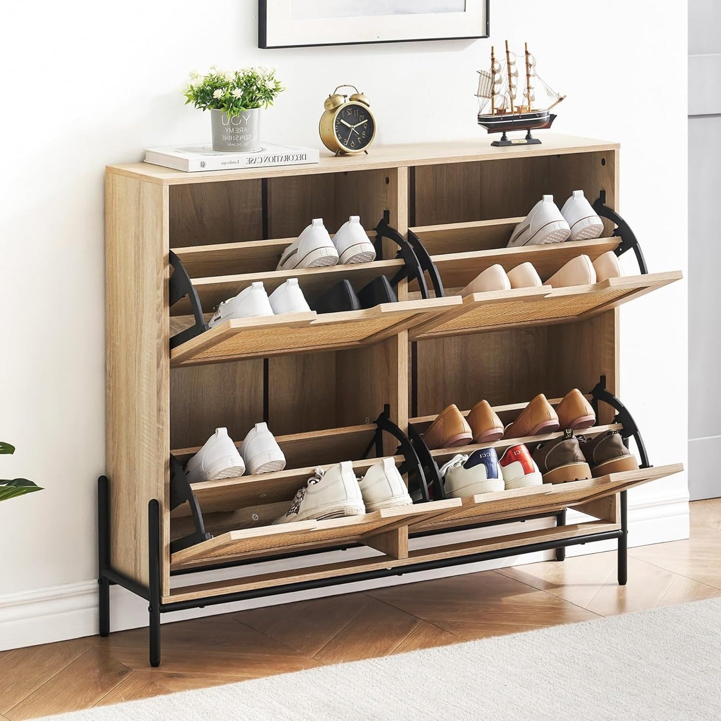 Rattan Shoe Storage Cabinet with 4 Flip Drawers