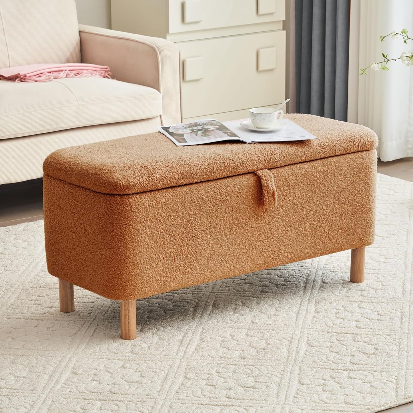 Boucle Upholstered Padded Storage Bench