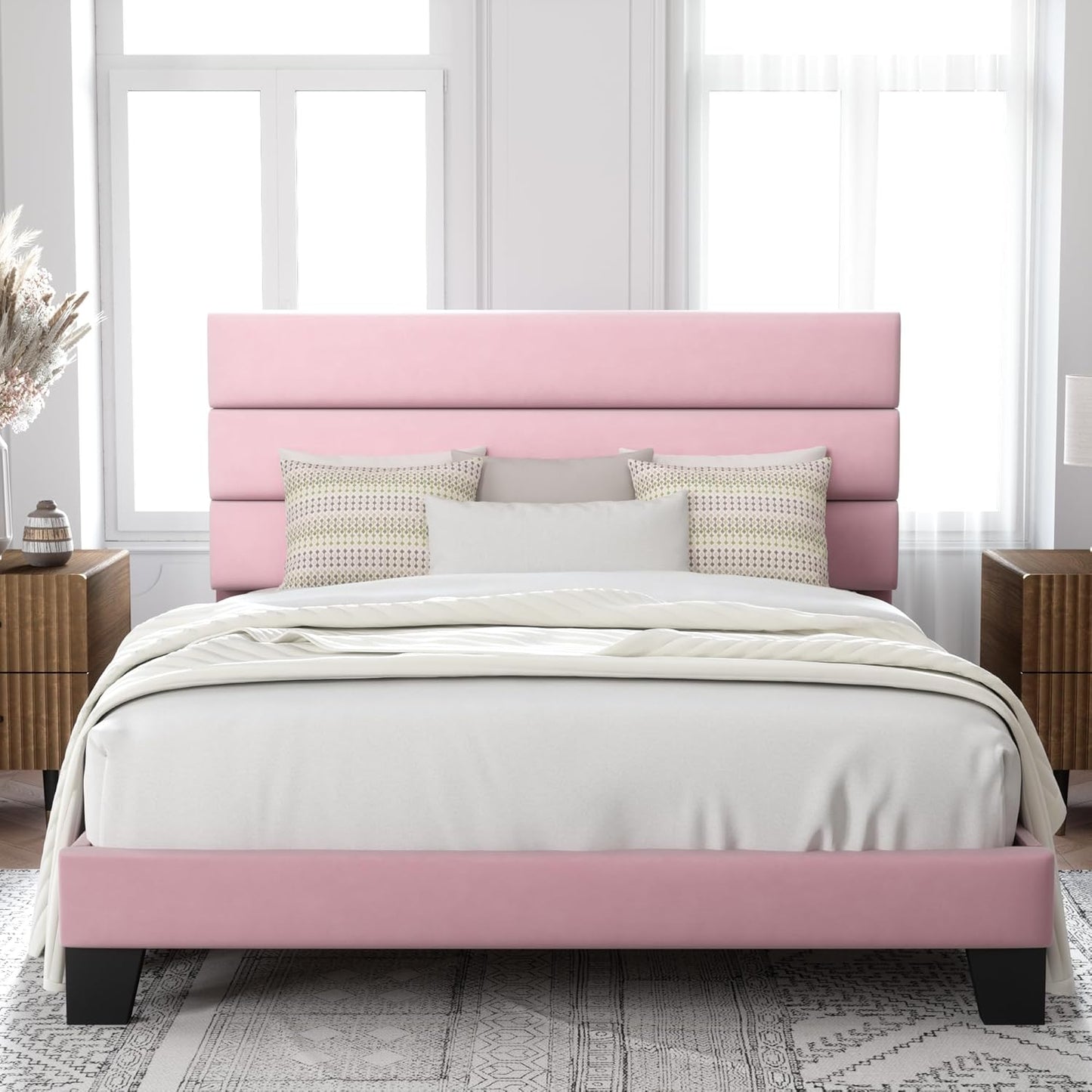 King Size Platform Bed Frame with Velvet Upholstered Headboard