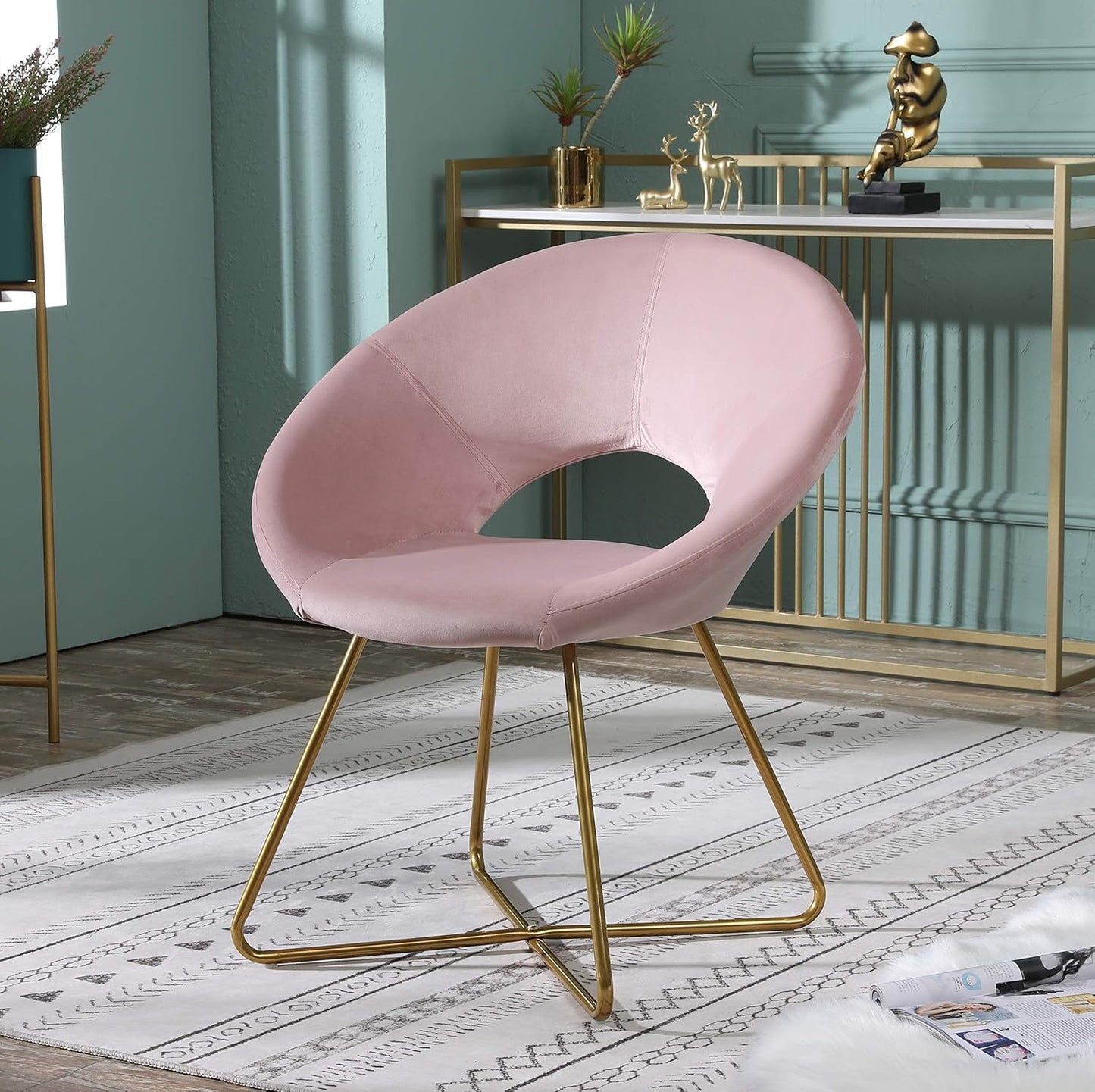 Velvet Upholstered Accent Chair with Gold Tone Finished Base