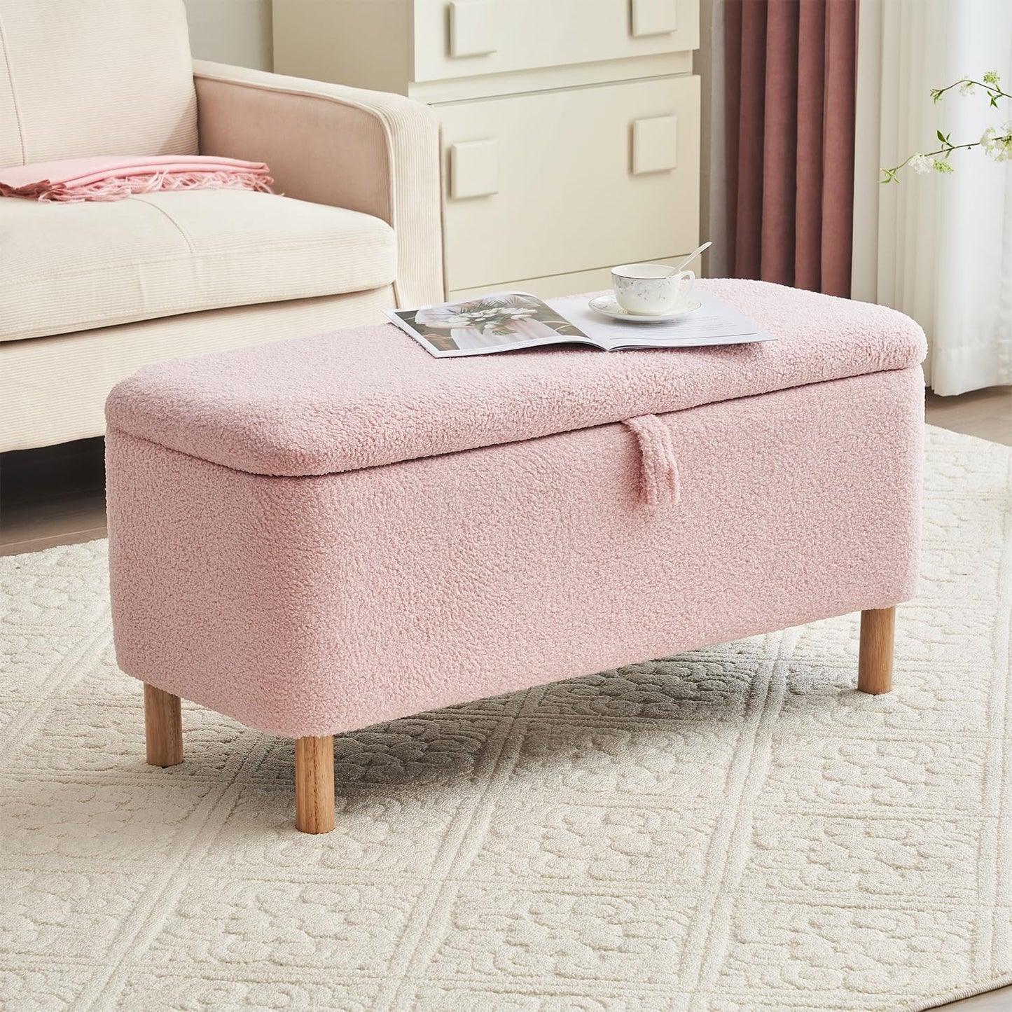 Boucle Upholstered Padded Storage Bench
