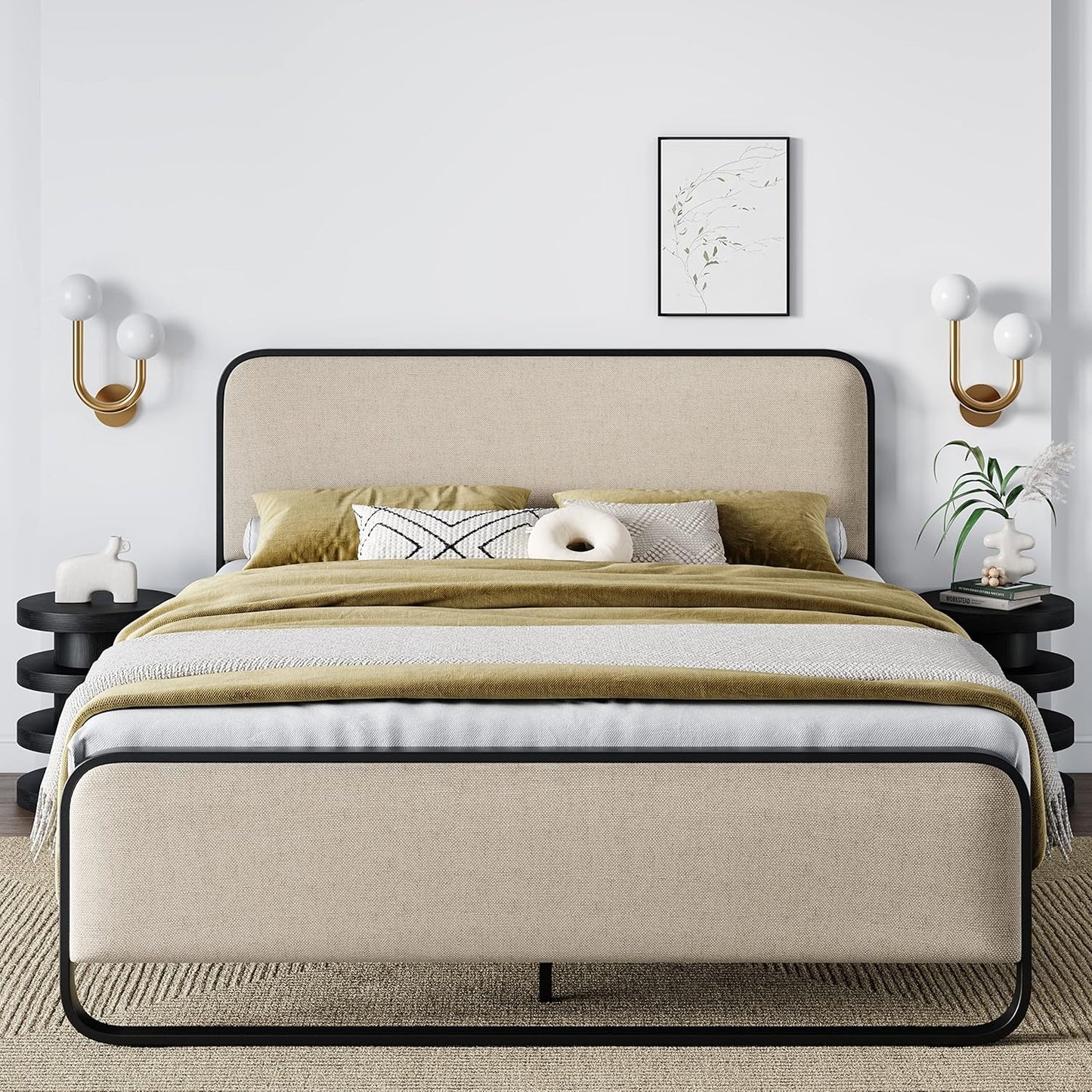 Metal Bed Frame with Curved Upholstered Headboard and Footboard