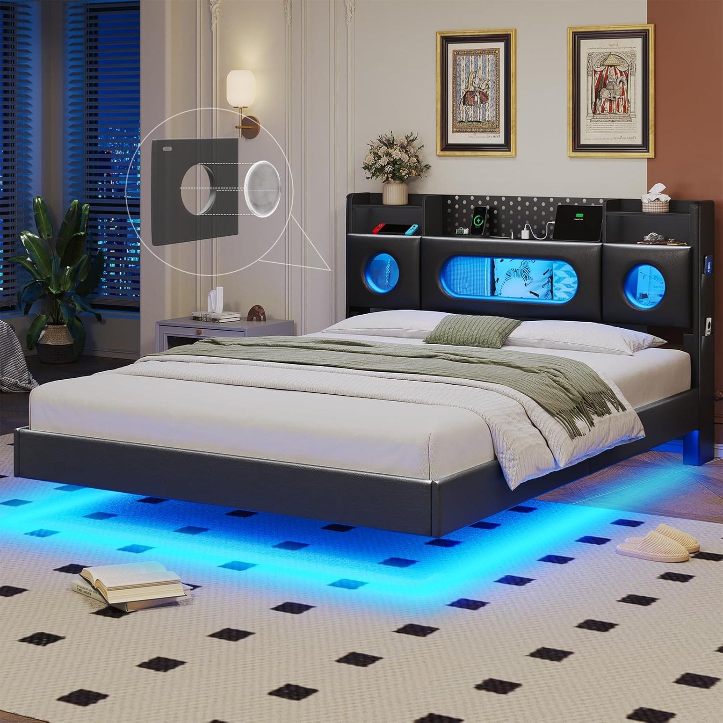 Floating Bed Frame Queen Size with Hidden Storage Headboard