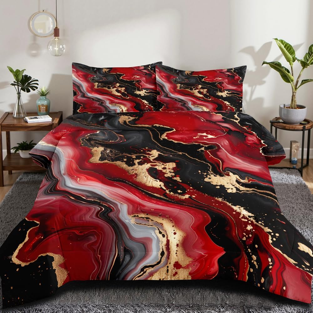 Red Black Geometric Comforter Set Queen Size 3D Stereoscopic