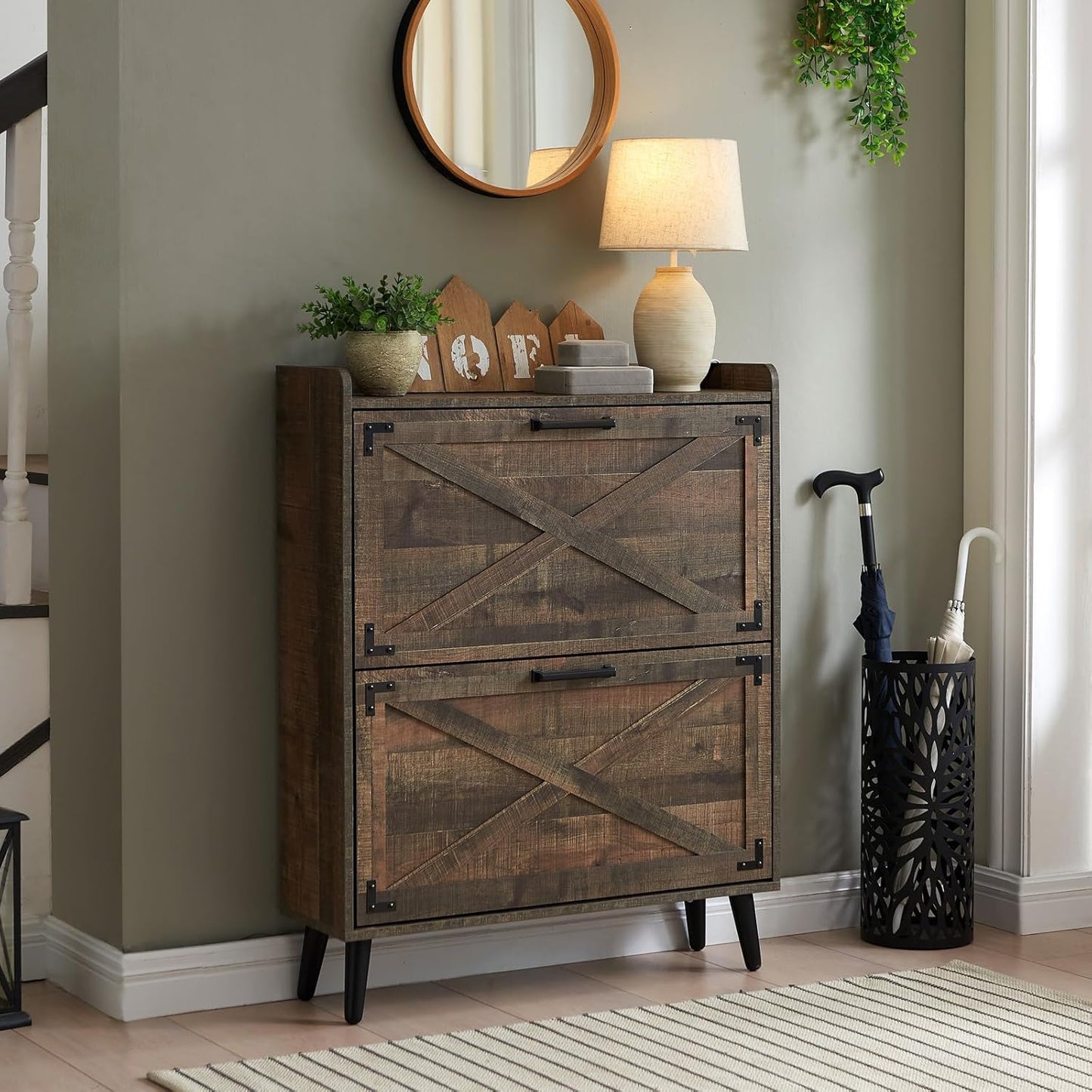 Barn Door Farmhouse Shoe Organizer with 2 Flip Drawers