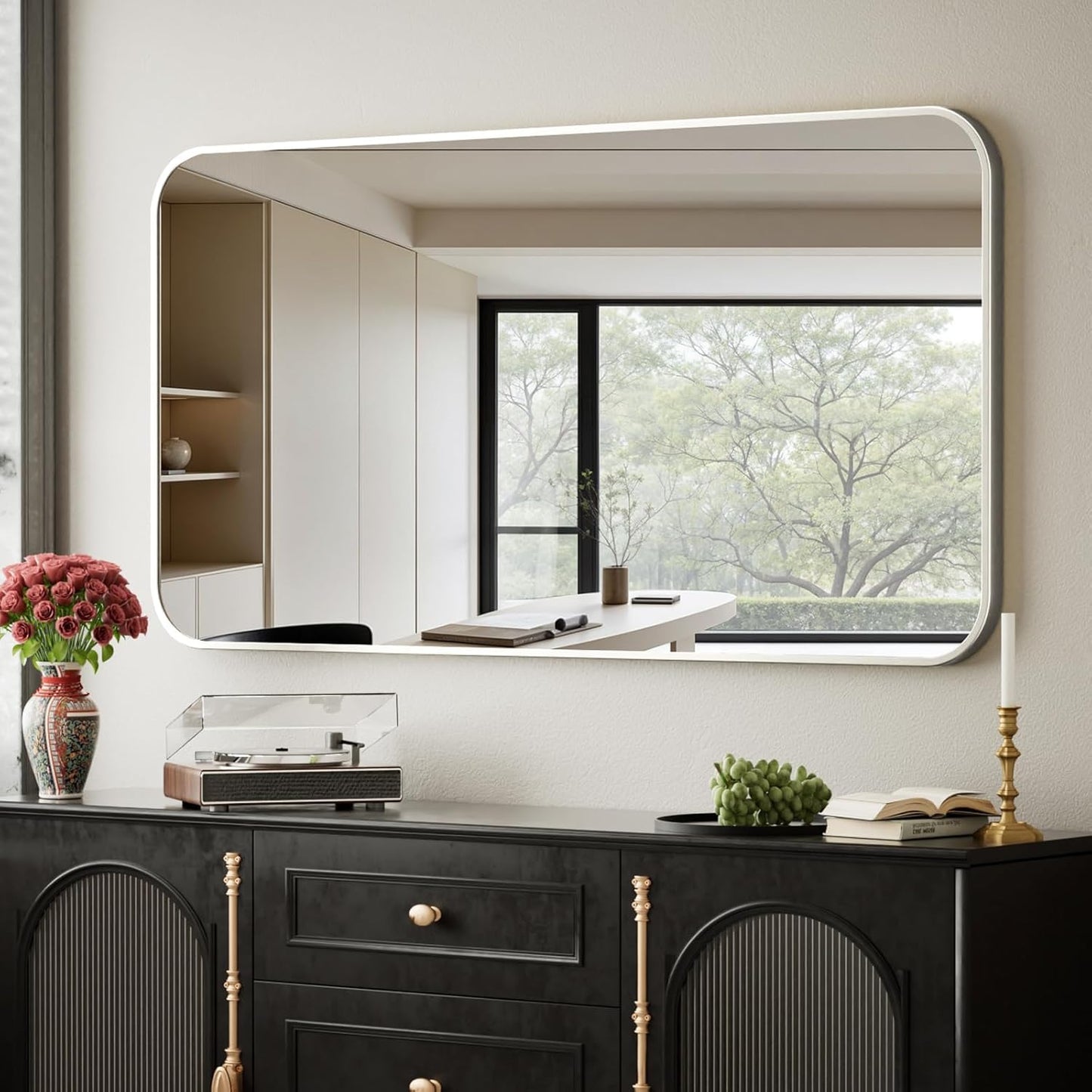 Aluminum Alloy Frame Wall Mounted Mirror with Rounded Corners