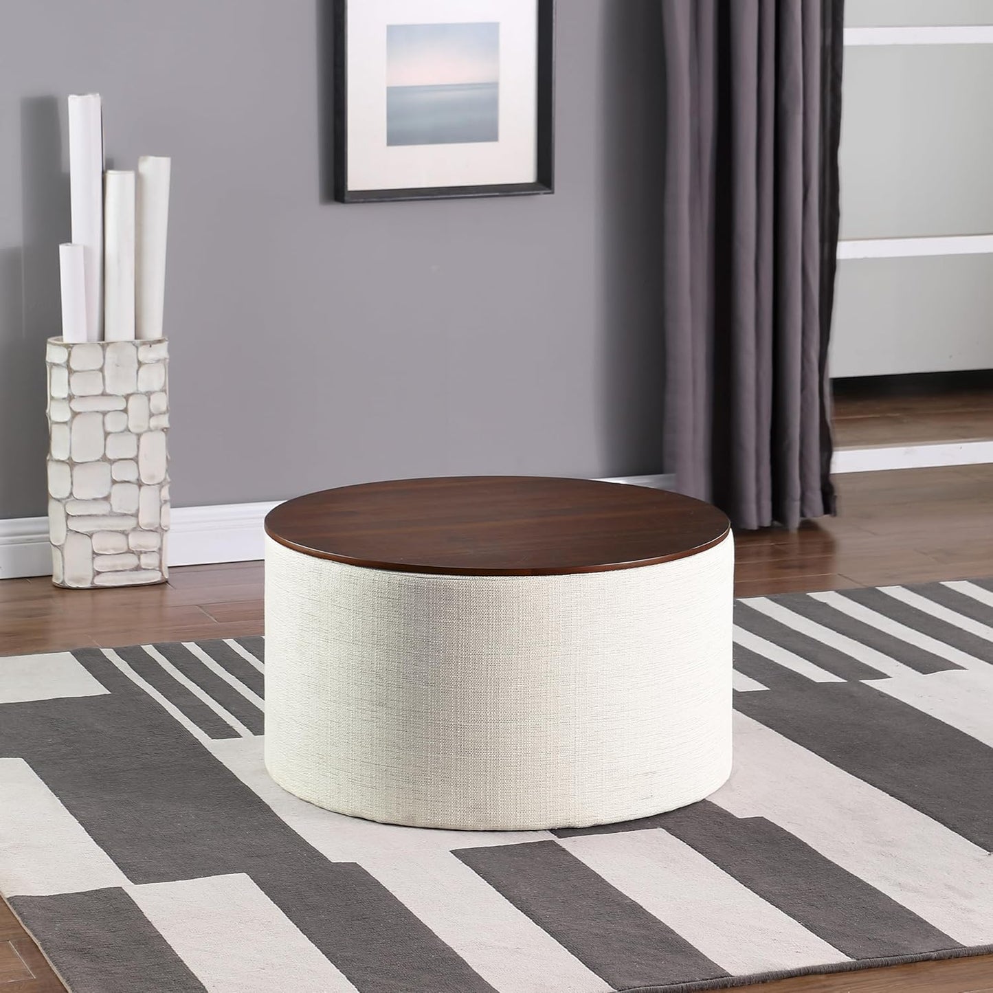 Modern Fabric Storage Ottoman with Wood Top