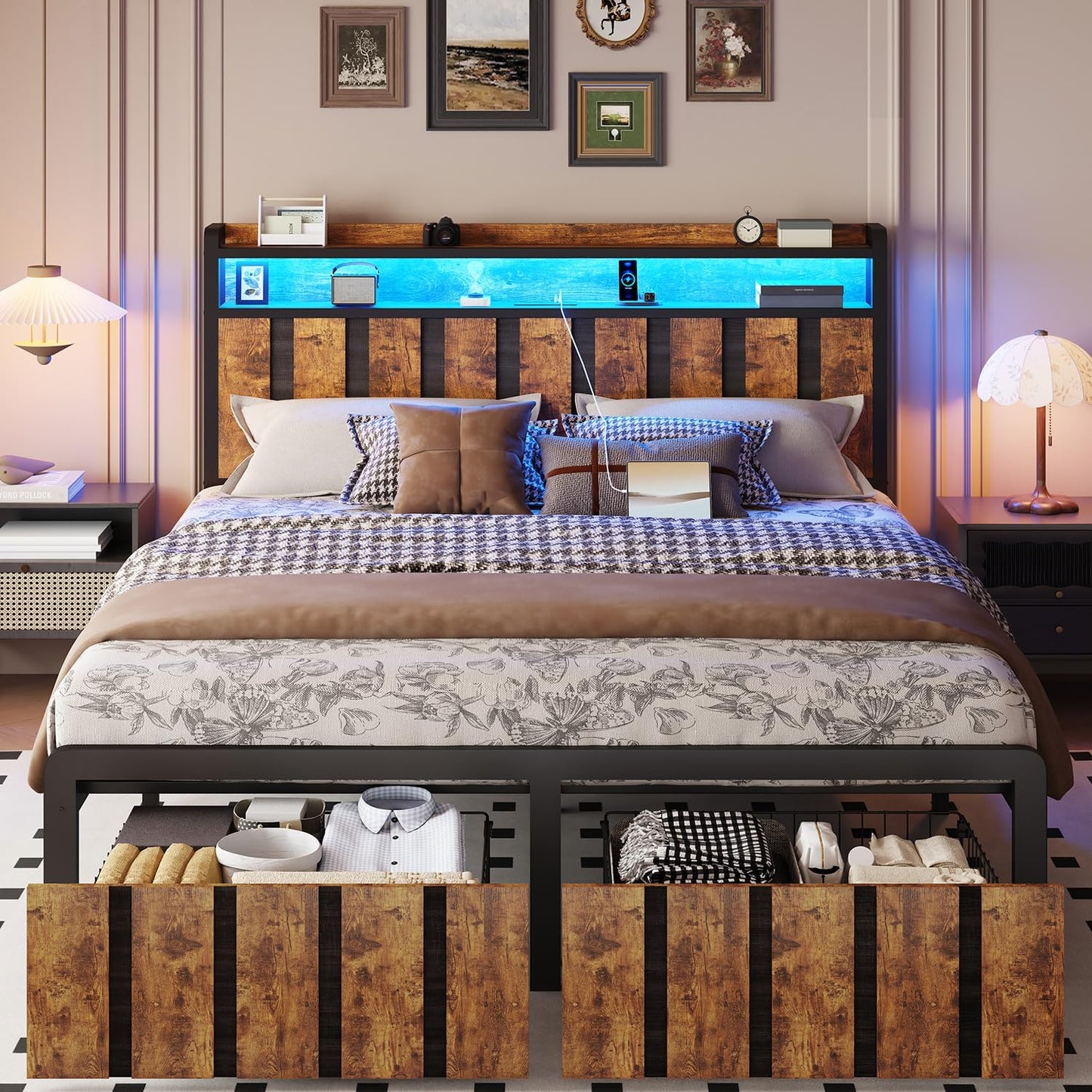Bed Frame with Storage Headboard & Dual Built-in Storage Drawers