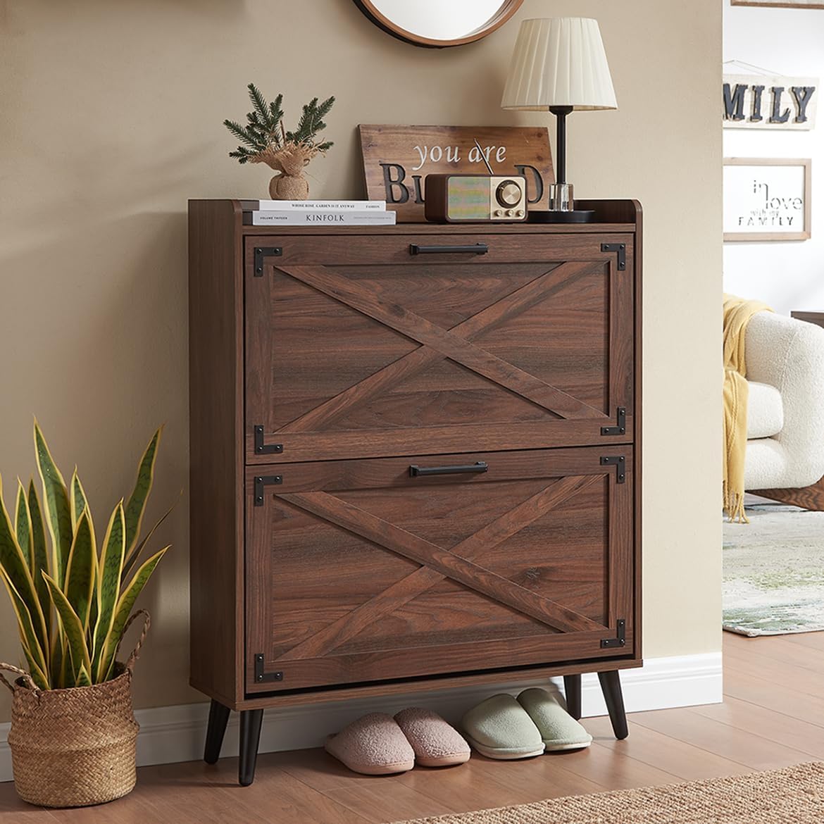 Barn Door Farmhouse Shoe Organizer with 2 Flip Drawers