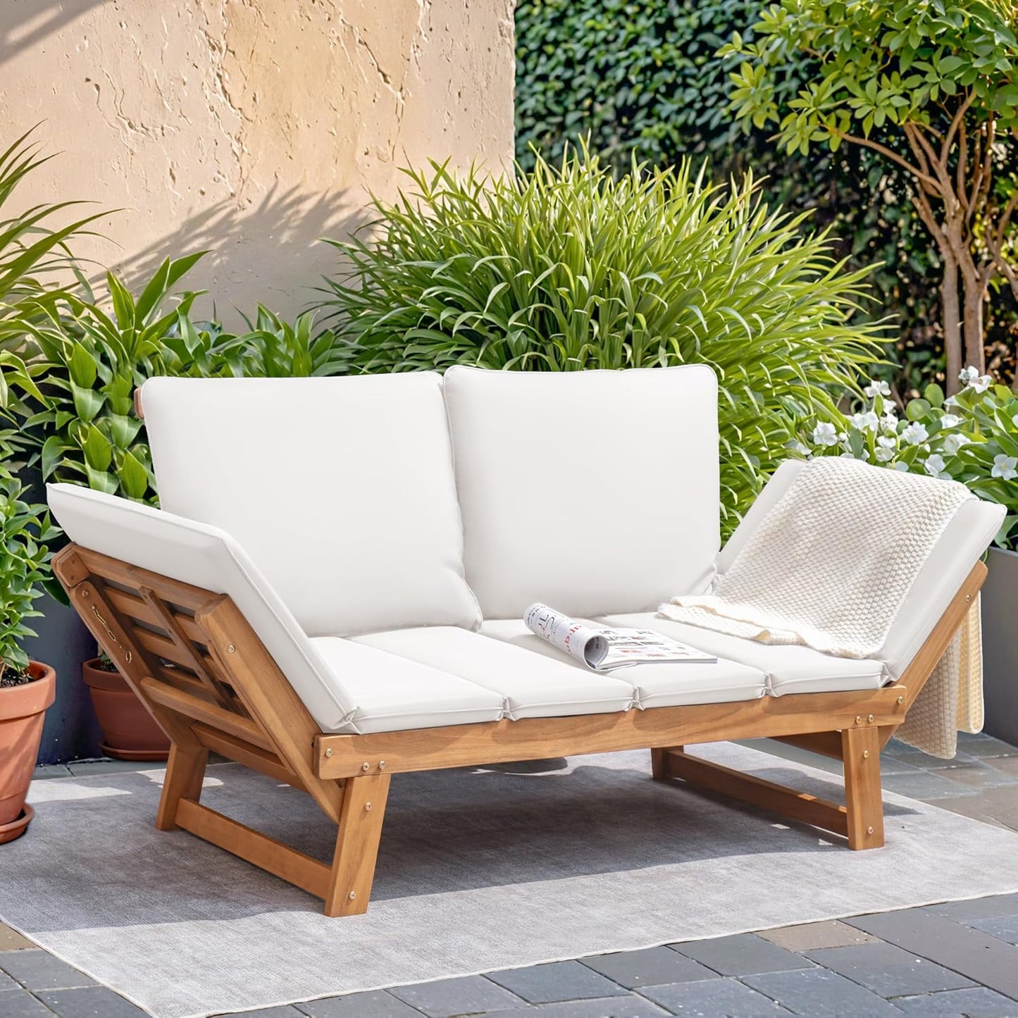 Acacia Wood Patio Couch with Adjustable Armrests