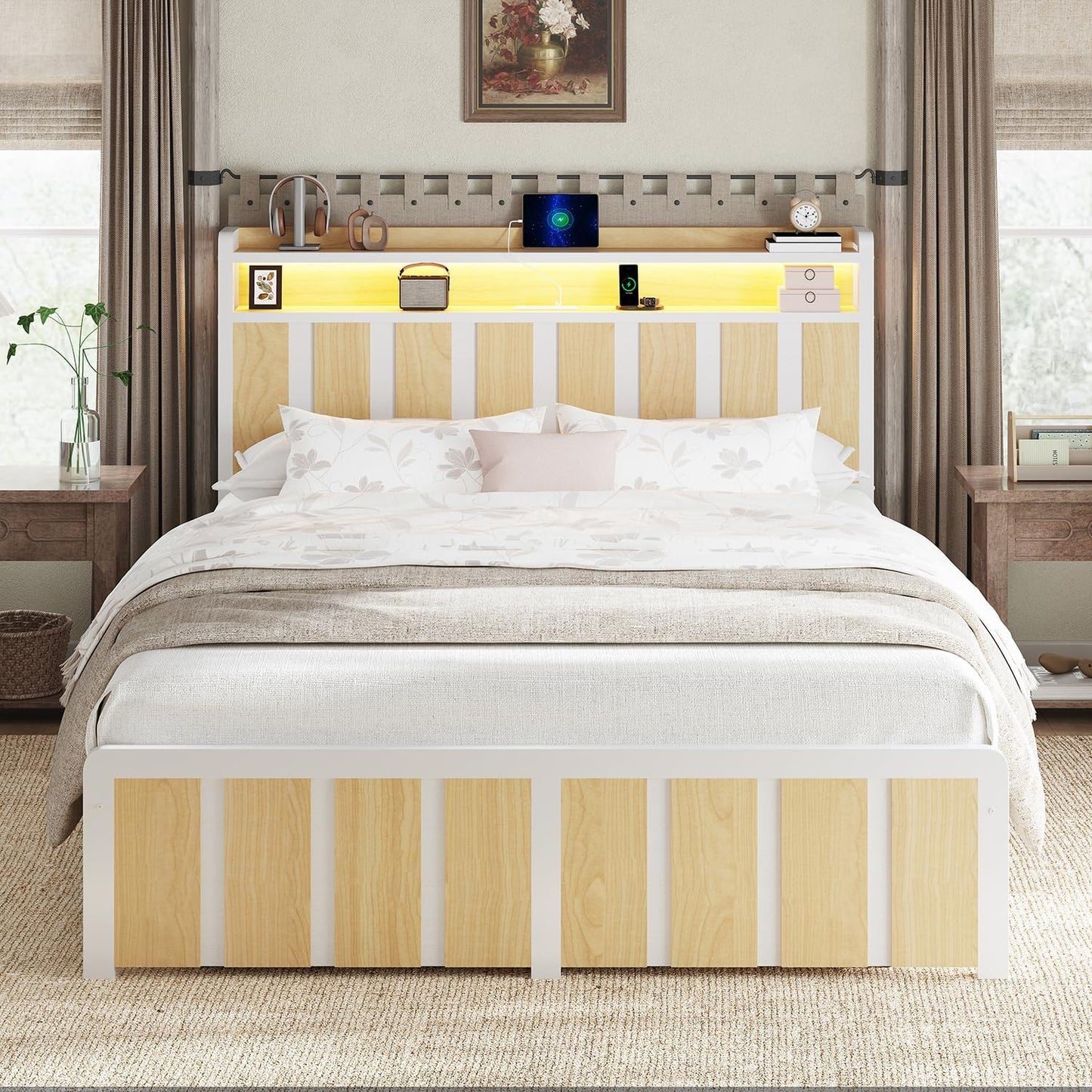 Bed Frame with Storage Headboard & Dual Built-in Storage Drawers