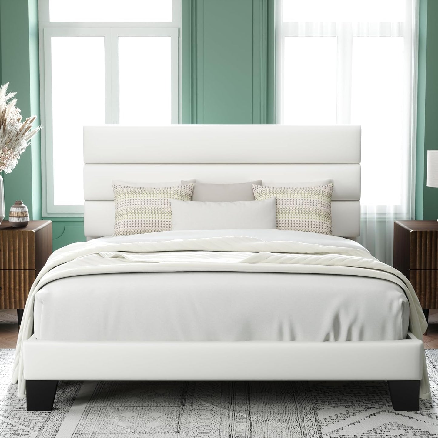 King Size Platform Bed Frame with Velvet Upholstered Headboard